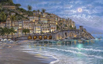 Noche estrellada en los paisajes urbanos de Amalfi Pinturas al óleo